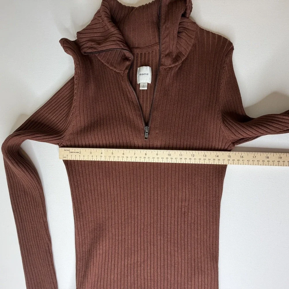 Maeve Anthropologie Brown Ribbed Fitted Half Zip Sweater Large Minimalist Layers